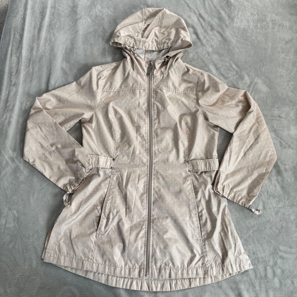 Jones New York Women's Beige Polka Dot Hooded Windbreaker Parka Light Raincoat M